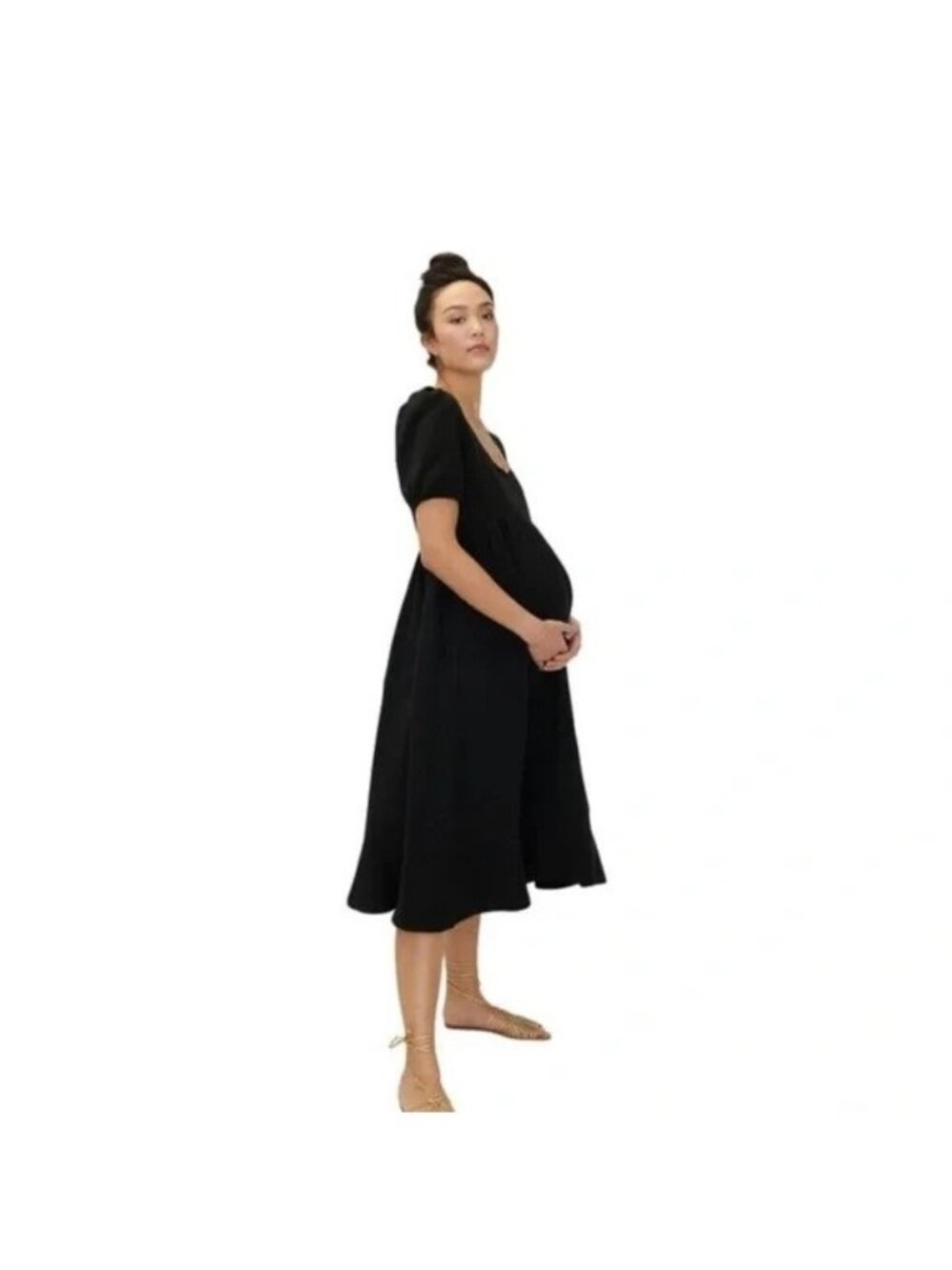 Hatch Maternity Black Tisha Tencel Linen Short Sleeve Pockets Midi Dress M 2 NEW